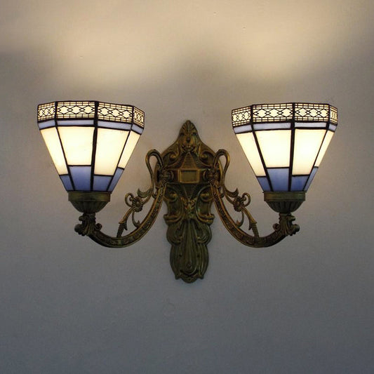 Stained Glass Wall Light Living Room 2 Lights Rustic Country Sconce Lighting in Orange/Pink/Blue/Beige for Library Clearhalo 'Industrial' 'Middle century wall lights' 'Tiffany wall lights' 'Tiffany' 'Wall Lamps & Sconces' 'Wall Lights' Lighting' 175076