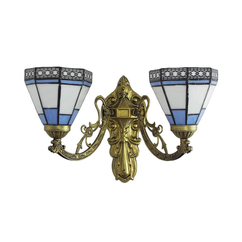 Stained Glass Wall Light Living Room 2 Lights Rustic Country Sconce Lighting in Orange/Pink/Blue/Beige for Library Clearhalo 'Industrial' 'Middle century wall lights' 'Tiffany wall lights' 'Tiffany' 'Wall Lamps & Sconces' 'Wall Lights' Lighting' 175077