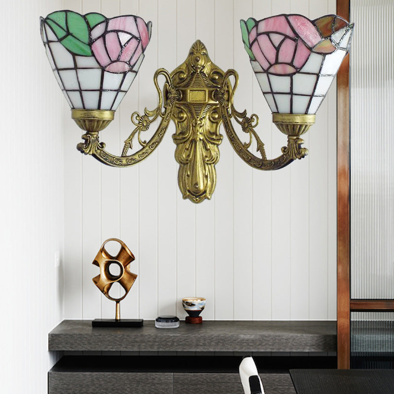 Stained Glass Wall Light Living Room 2 Lights Rustic Country Sconce Lighting in Orange/Pink/Blue/Beige for Library Pink Clearhalo 'Industrial' 'Middle century wall lights' 'Tiffany wall lights' 'Tiffany' 'Wall Lamps & Sconces' 'Wall Lights' Lighting' 175078