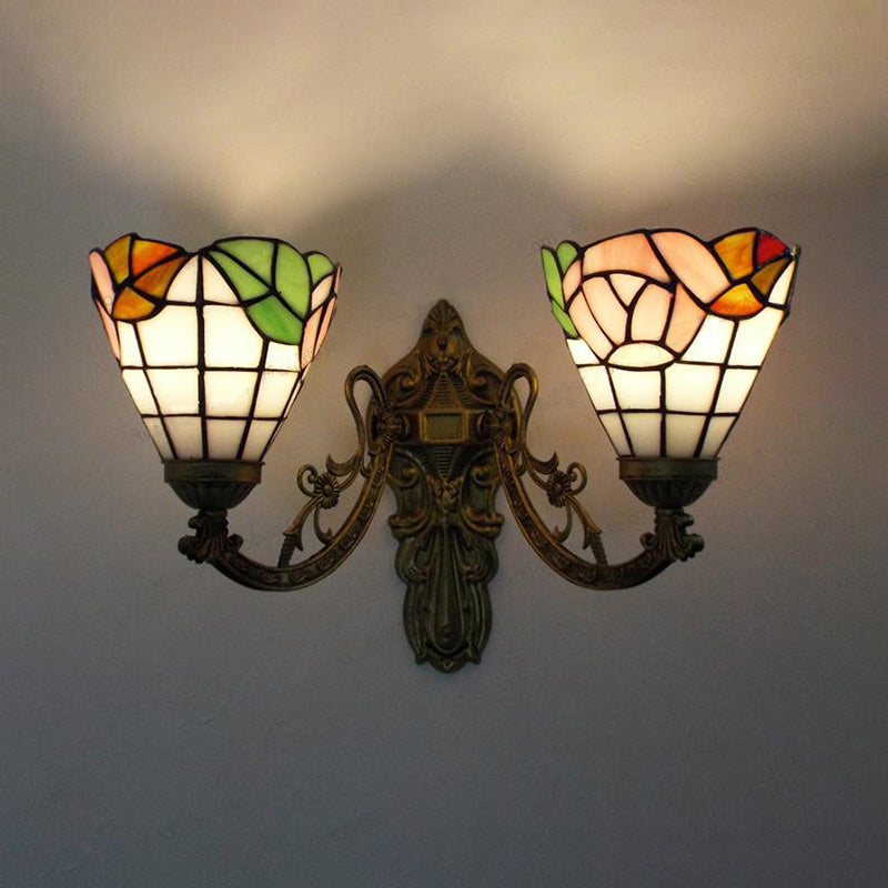 Stained Glass Wall Light Living Room 2 Lights Rustic Country Sconce Lighting in Orange/Pink/Blue/Beige for Library Clearhalo 'Industrial' 'Middle century wall lights' 'Tiffany wall lights' 'Tiffany' 'Wall Lamps & Sconces' 'Wall Lights' Lighting' 175079