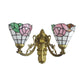 Stained Glass Wall Light Living Room 2 Lights Rustic Country Sconce Lighting in Orange/Pink/Blue/Beige for Library Clearhalo 'Industrial' 'Middle century wall lights' 'Tiffany wall lights' 'Tiffany' 'Wall Lamps & Sconces' 'Wall Lights' Lighting' 175080