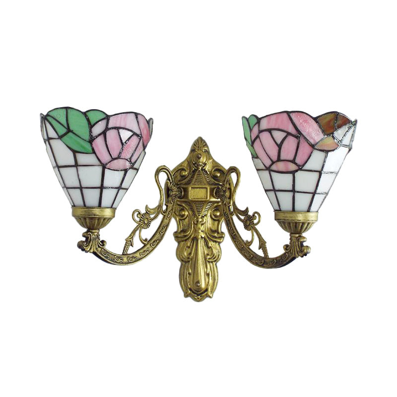 Stained Glass Wall Light Living Room 2 Lights Rustic Country Sconce Lighting in Orange/Pink/Blue/Beige for Library Clearhalo 'Industrial' 'Middle century wall lights' 'Tiffany wall lights' 'Tiffany' 'Wall Lamps & Sconces' 'Wall Lights' Lighting' 175080