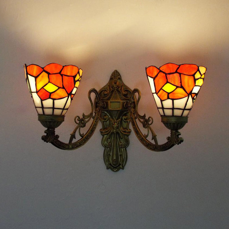Stained Glass Wall Light Living Room 2 Lights Rustic Country Sconce Lighting in Orange/Pink/Blue/Beige for Library Orange Clearhalo 'Industrial' 'Middle century wall lights' 'Tiffany wall lights' 'Tiffany' 'Wall Lamps & Sconces' 'Wall Lights' Lighting' 175081
