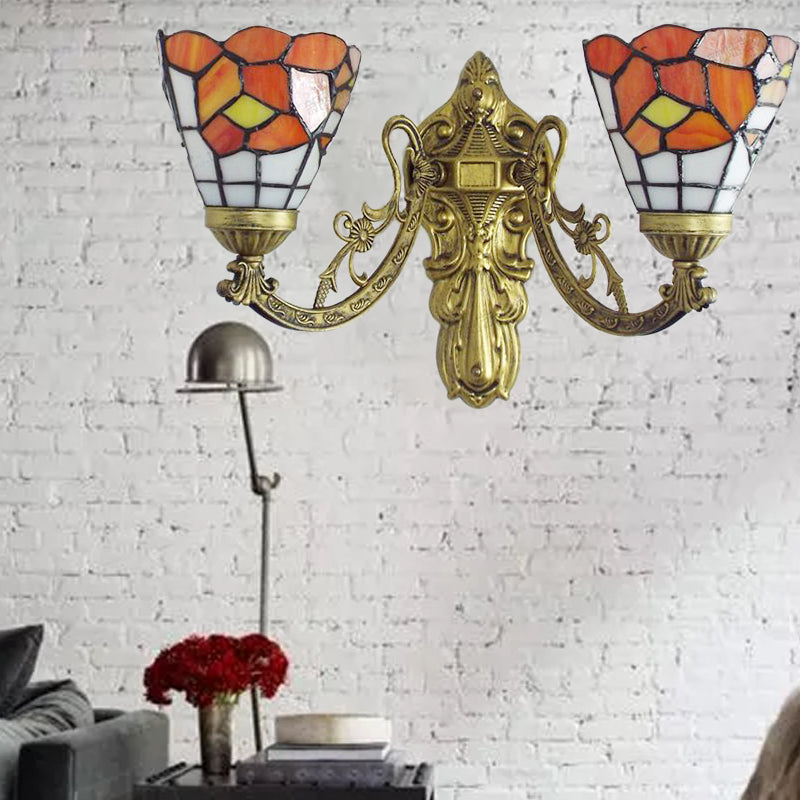 Stained Glass Wall Light Living Room 2 Lights Rustic Country Sconce Lighting in Orange/Pink/Blue/Beige for Library Clearhalo 'Industrial' 'Middle century wall lights' 'Tiffany wall lights' 'Tiffany' 'Wall Lamps & Sconces' 'Wall Lights' Lighting' 175082