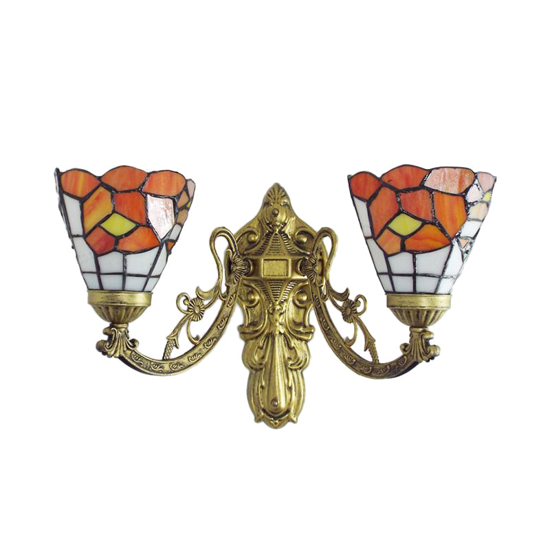 Stained Glass Wall Light Living Room 2 Lights Rustic Country Sconce Lighting in Orange/Pink/Blue/Beige for Library Clearhalo 'Industrial' 'Middle century wall lights' 'Tiffany wall lights' 'Tiffany' 'Wall Lamps & Sconces' 'Wall Lights' Lighting' 175083