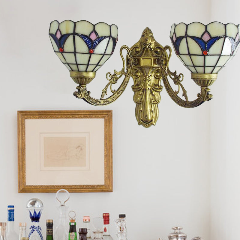 Baroque Bowl Wall Light Fixture with Carved Arm Stained Glass 2 Heads Sconce Lighting in Blue/Beige for Library Beige Clearhalo 'Industrial' 'Middle century wall lights' 'Tiffany wall lights' 'Tiffany' 'Wall Lamps & Sconces' 'Wall Lights' Lighting' 175084