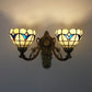 Baroque Bowl Wall Light Fixture with Carved Arm Stained Glass 2 Heads Sconce Lighting in Blue/Beige for Library Clearhalo 'Industrial' 'Middle century wall lights' 'Tiffany wall lights' 'Tiffany' 'Wall Lamps & Sconces' 'Wall Lights' Lighting' 175085