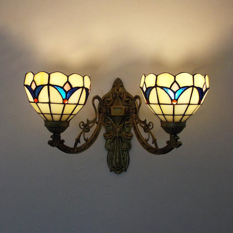 Baroque Bowl Wall Light Fixture with Carved Arm Stained Glass 2 Heads Sconce Lighting in Blue/Beige for Library Clearhalo 'Industrial' 'Middle century wall lights' 'Tiffany wall lights' 'Tiffany' 'Wall Lamps & Sconces' 'Wall Lights' Lighting' 175085