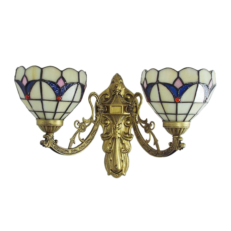 Baroque Bowl Wall Light Fixture with Carved Arm Stained Glass 2 Heads Sconce Lighting in Blue/Beige for Library Clearhalo 'Industrial' 'Middle century wall lights' 'Tiffany wall lights' 'Tiffany' 'Wall Lamps & Sconces' 'Wall Lights' Lighting' 175086