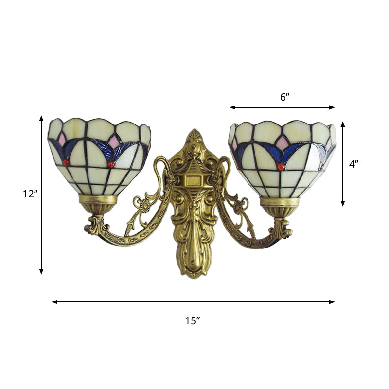 Baroque Bowl Wall Light Fixture with Carved Arm Stained Glass 2 Heads Sconce Lighting in Blue/Beige for Library Clearhalo 'Industrial' 'Middle century wall lights' 'Tiffany wall lights' 'Tiffany' 'Wall Lamps & Sconces' 'Wall Lights' Lighting' 175087