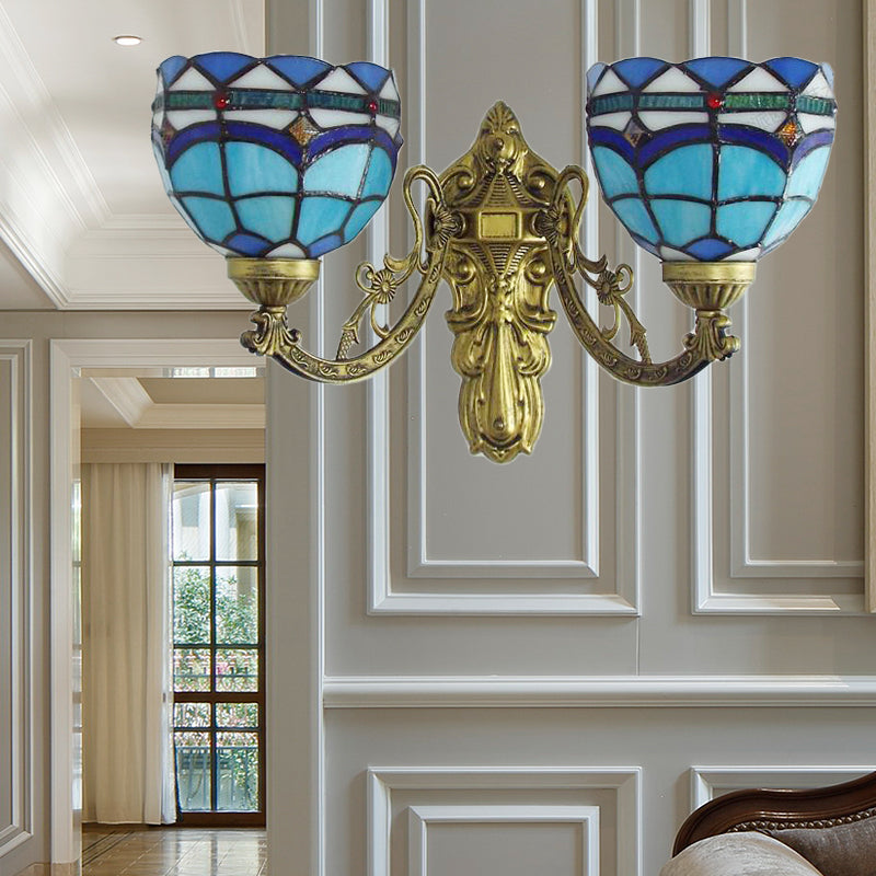 Baroque Bowl Wall Light Fixture with Carved Arm Stained Glass 2 Heads Sconce Lighting in Blue/Beige for Library Blue Clearhalo 'Industrial' 'Middle century wall lights' 'Tiffany wall lights' 'Tiffany' 'Wall Lamps & Sconces' 'Wall Lights' Lighting' 175088