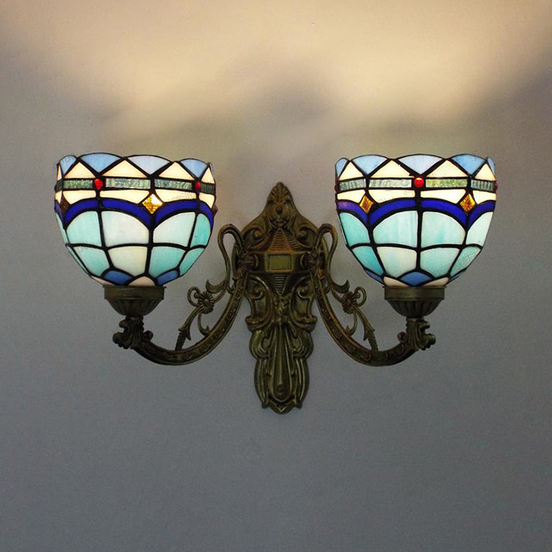 Baroque Bowl Wall Light Fixture with Carved Arm Stained Glass 2 Heads Sconce Lighting in Blue/Beige for Library Clearhalo 'Industrial' 'Middle century wall lights' 'Tiffany wall lights' 'Tiffany' 'Wall Lamps & Sconces' 'Wall Lights' Lighting' 175089