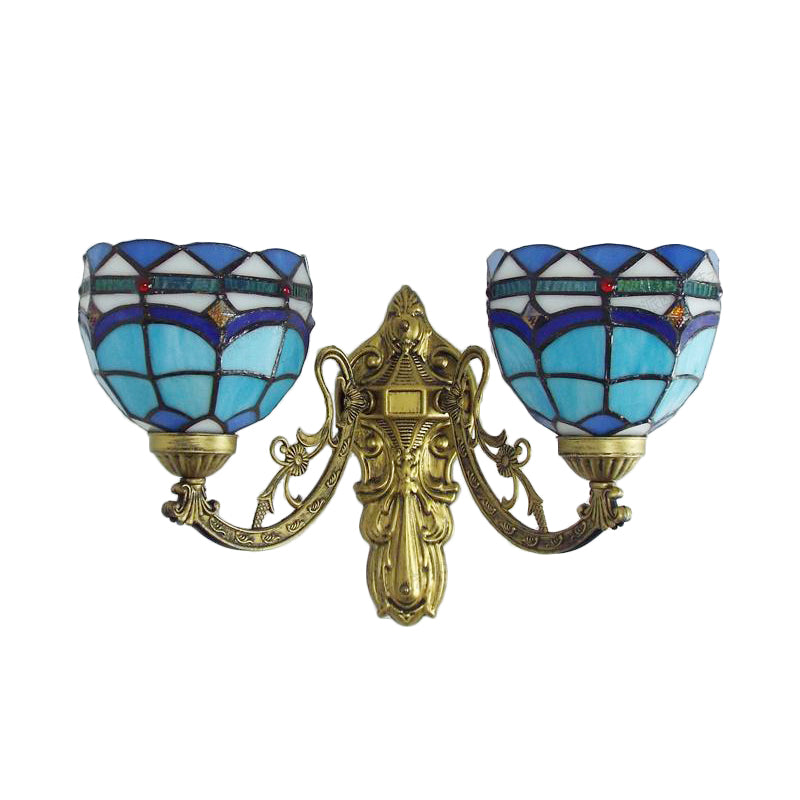 Baroque Bowl Wall Light Fixture with Carved Arm Stained Glass 2 Heads Sconce Lighting in Blue/Beige for Library Clearhalo 'Industrial' 'Middle century wall lights' 'Tiffany wall lights' 'Tiffany' 'Wall Lamps & Sconces' 'Wall Lights' Lighting' 175090