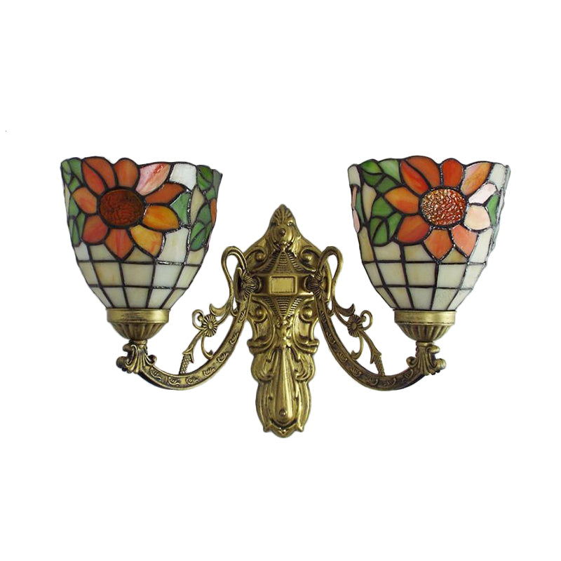 Stained Glass Sunflower Sconce Lighting Lodge Tiffany 2 Lights Wall Light in Green/Beige for Living Room Clearhalo 'Industrial' 'Middle century wall lights' 'Tiffany wall lights' 'Tiffany' 'Wall Lamps & Sconces' 'Wall Lights' Lighting' 175108