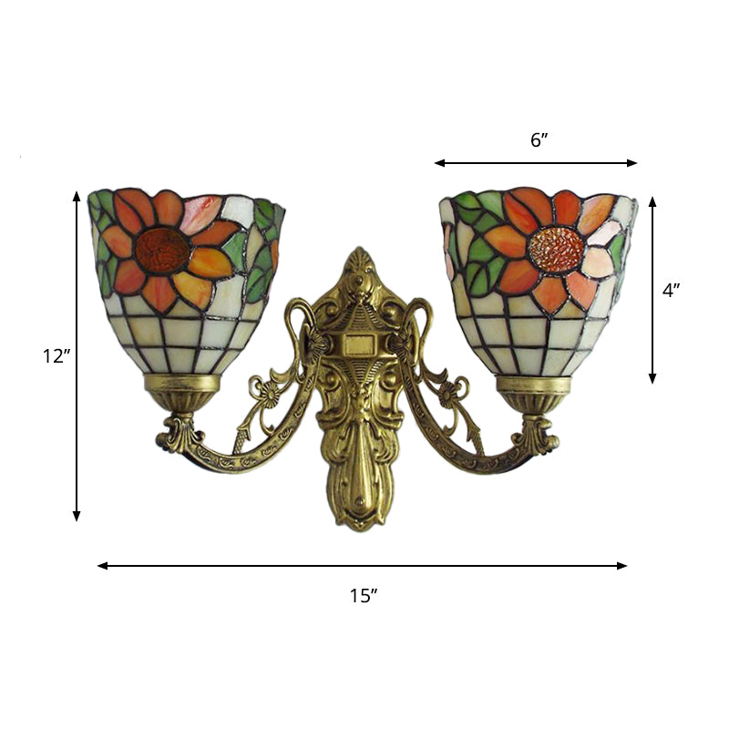 Stained Glass Sunflower Sconce Lighting Lodge Tiffany 2 Lights Wall Light in Green/Beige for Living Room Clearhalo 'Industrial' 'Middle century wall lights' 'Tiffany wall lights' 'Tiffany' 'Wall Lamps & Sconces' 'Wall Lights' Lighting' 175109