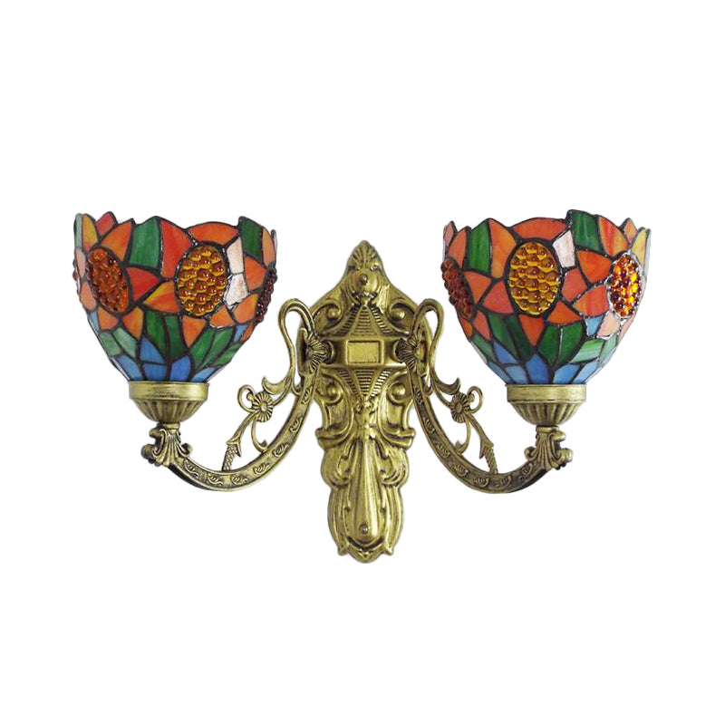 Stained Glass Sunflower Sconce Lighting Lodge Tiffany 2 Lights Wall Light in Green/Beige for Living Room Clearhalo 'Industrial' 'Middle century wall lights' 'Tiffany wall lights' 'Tiffany' 'Wall Lamps & Sconces' 'Wall Lights' Lighting' 175111
