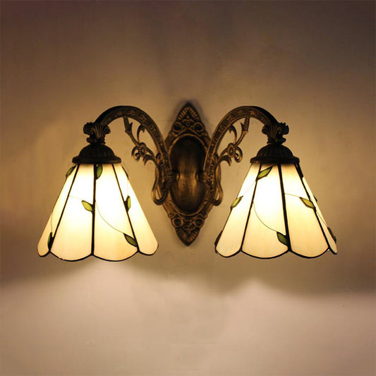 2 Lights Leaf Wall Mount Light with Curved Arm Lodge Style Stained Glass Wall Lamp in Beige Clearhalo 'Industrial' 'Middle century wall lights' 'Tiffany wall lights' 'Tiffany' 'Wall Lamps & Sconces' 'Wall Lights' Lighting' 175113