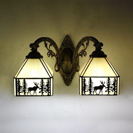 2 Heads Deer Sconce Lamp with Carved Arm Lodge Stained Glass Wall Lighting in Beige for Corridor Clearhalo 'Industrial' 'Middle century wall lights' 'Tiffany wall lights' 'Tiffany' 'Wall Lamps & Sconces' 'Wall Lights' Lighting' 175117