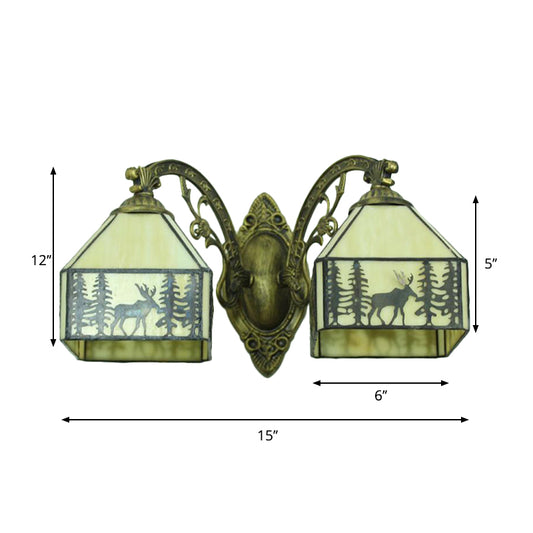 2 Heads Deer Sconce Lamp with Carved Arm Lodge Stained Glass Wall Lighting in Beige for Corridor Clearhalo 'Industrial' 'Middle century wall lights' 'Tiffany wall lights' 'Tiffany' 'Wall Lamps & Sconces' 'Wall Lights' Lighting' 175119