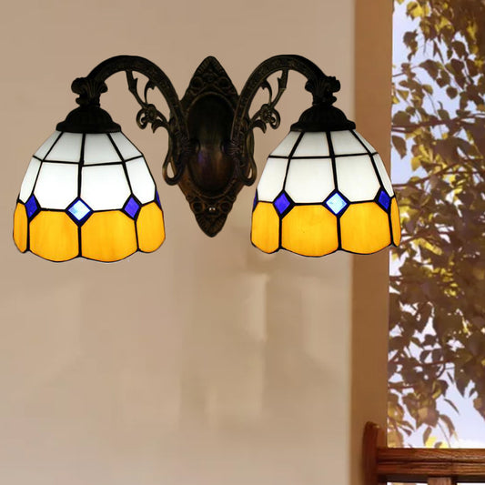 Curved Arm Wall Mount Light with Amber Glass Bowl Shade 2 Heads Vintage Wall Light in Yellow Yellow Clearhalo 'Industrial' 'Middle century wall lights' 'Tiffany wall lights' 'Tiffany' 'Wall Lamps & Sconces' 'Wall Lights' Lighting' 175127