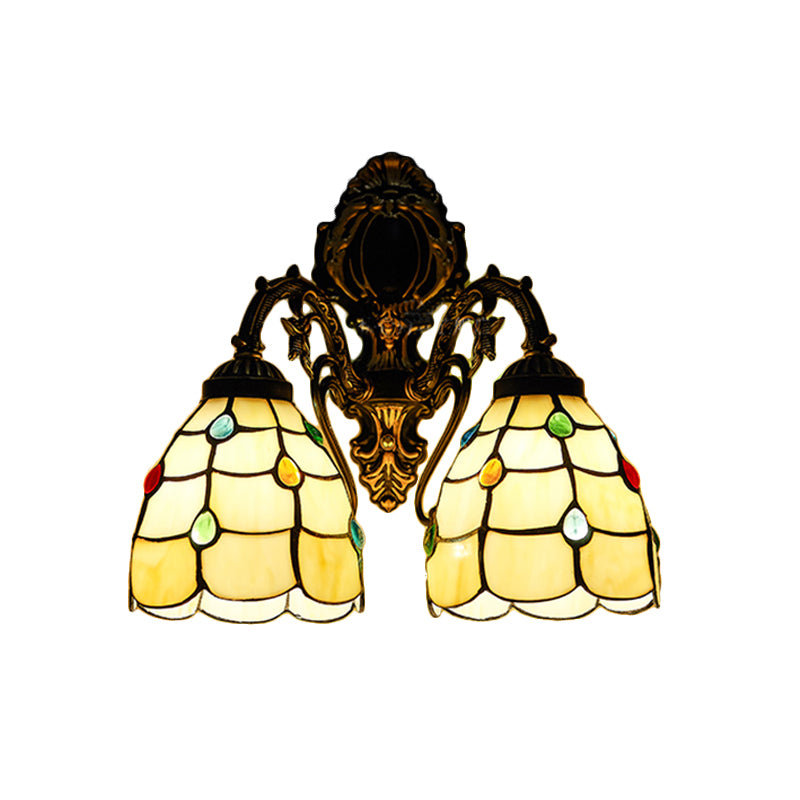 Stained Glass Bowl Wall Sconce Light 2 Lights Vintage Wall Lighting with Colorful Bead in Bedroom Clearhalo 'Industrial' 'Middle century wall lights' 'Tiffany wall lights' 'Tiffany' 'Wall Lamps & Sconces' 'Wall Lights' Lighting' 175148