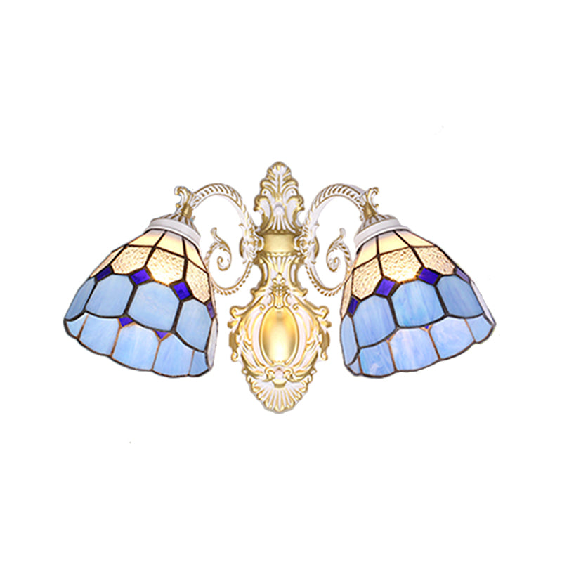 Mediterranean Dome Wall Mount Light Blue Glass Shade 2 Heads Wall Sconce Lighting for Restaurant Clearhalo 'Industrial' 'Middle century wall lights' 'Tiffany wall lights' 'Tiffany' 'Wall Lamps & Sconces' 'Wall Lights' Lighting' 175184