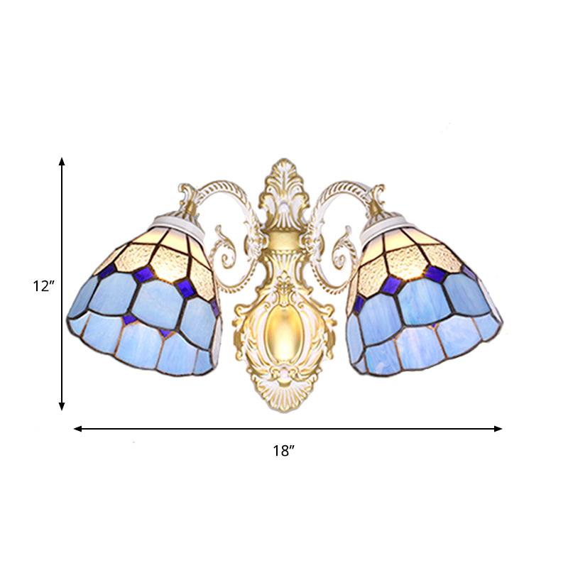 Mediterranean Dome Wall Mount Light Blue Glass Shade 2 Heads Wall Sconce Lighting for Restaurant Clearhalo 'Industrial' 'Middle century wall lights' 'Tiffany wall lights' 'Tiffany' 'Wall Lamps & Sconces' 'Wall Lights' Lighting' 175185