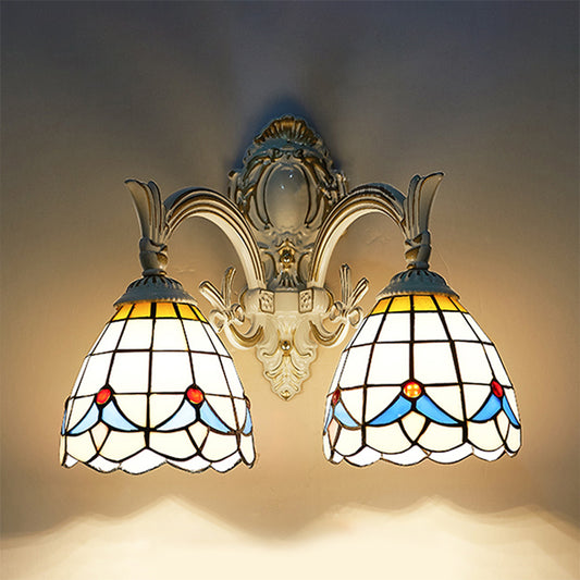 Magnolia Sconce Lighting Country Style Stained Glass 2 Lights Wall Mount Light in White for Kitchen Beige Clearhalo 'Industrial' 'Middle century wall lights' 'Tiffany wall lights' 'Tiffany' 'Wall Lamps & Sconces' 'Wall Lights' Lighting' 175186