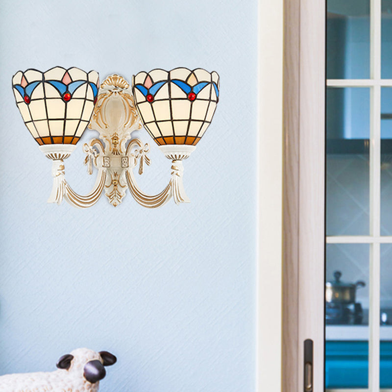 Magnolia Sconce Lighting Country Style Stained Glass 2 Lights Wall Mount Light in White for Kitchen Clearhalo 'Industrial' 'Middle century wall lights' 'Tiffany wall lights' 'Tiffany' 'Wall Lamps & Sconces' 'Wall Lights' Lighting' 175187