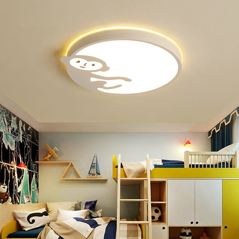 Round Child Bedroom Ceiling Mount Light with Monkey Metal Acrylic Kids Ceiling Fixture in White White Warm Clearhalo 'Ceiling Lights' 'Close To Ceiling Lights' 'Close to ceiling' 'Flush mount' Lighting' 175190