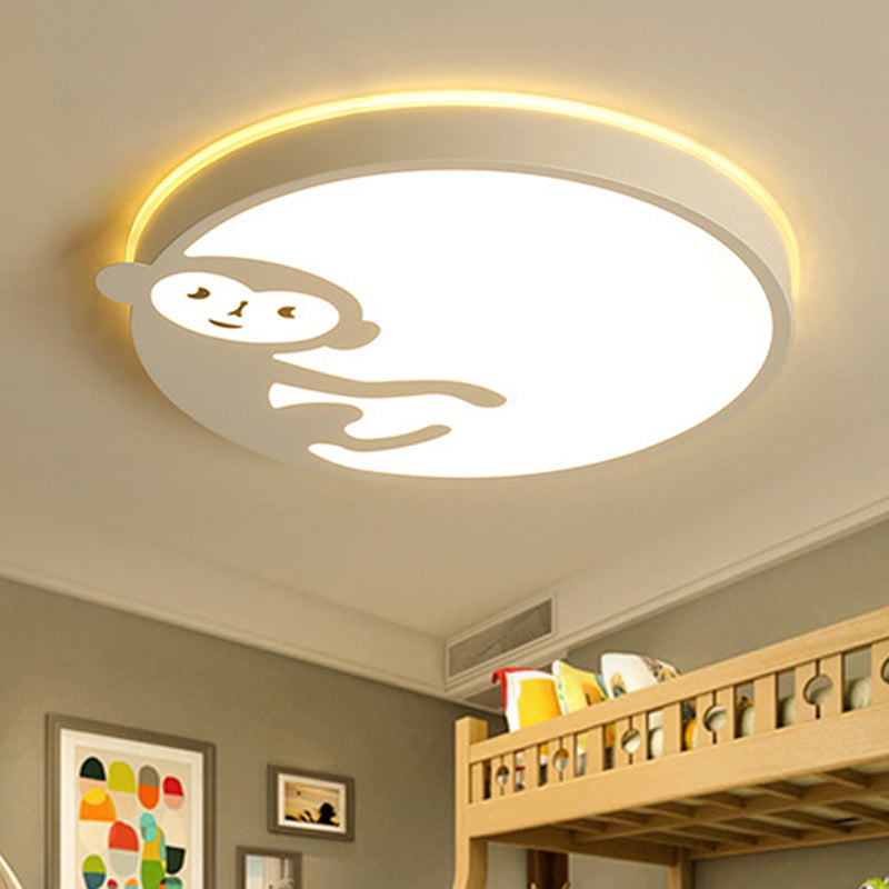 Round Child Bedroom Ceiling Mount Light with Monkey Metal Acrylic Kids Ceiling Fixture in White Clearhalo 'Ceiling Lights' 'Close To Ceiling Lights' 'Close to ceiling' 'Flush mount' Lighting' 175191