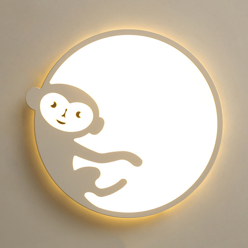 Round Child Bedroom Ceiling Mount Light with Monkey Metal Acrylic Kids Ceiling Fixture in White Clearhalo 'Ceiling Lights' 'Close To Ceiling Lights' 'Close to ceiling' 'Flush mount' Lighting' 175193