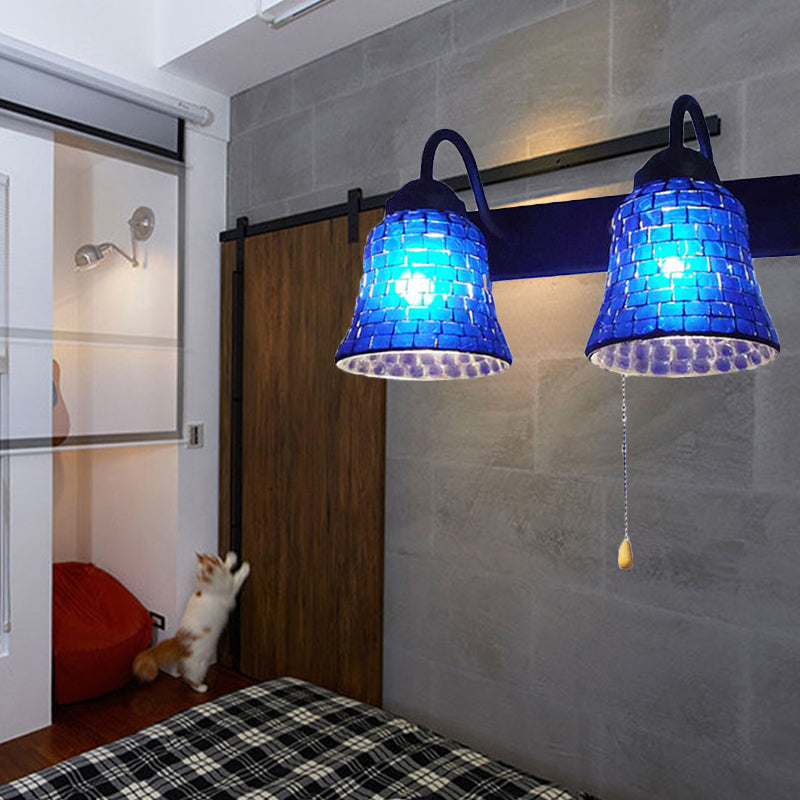 Stained Glass Bell Wall Mounted Light 2 Heads Yellow/Pink/Orange Sconce Light Fixture with Pull Chain Switch Clearhalo 'Industrial' 'Middle century wall lights' 'Tiffany wall lights' 'Tiffany' 'Wall Lamps & Sconces' 'Wall Lights' Lighting' 175216