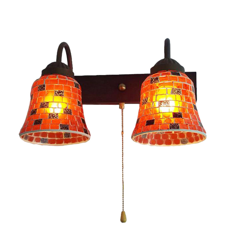Stained Glass Bell Wall Mounted Light 2 Heads Yellow/Pink/Orange Sconce Light Fixture with Pull Chain Switch Clearhalo 'Industrial' 'Middle century wall lights' 'Tiffany wall lights' 'Tiffany' 'Wall Lamps & Sconces' 'Wall Lights' Lighting' 175220