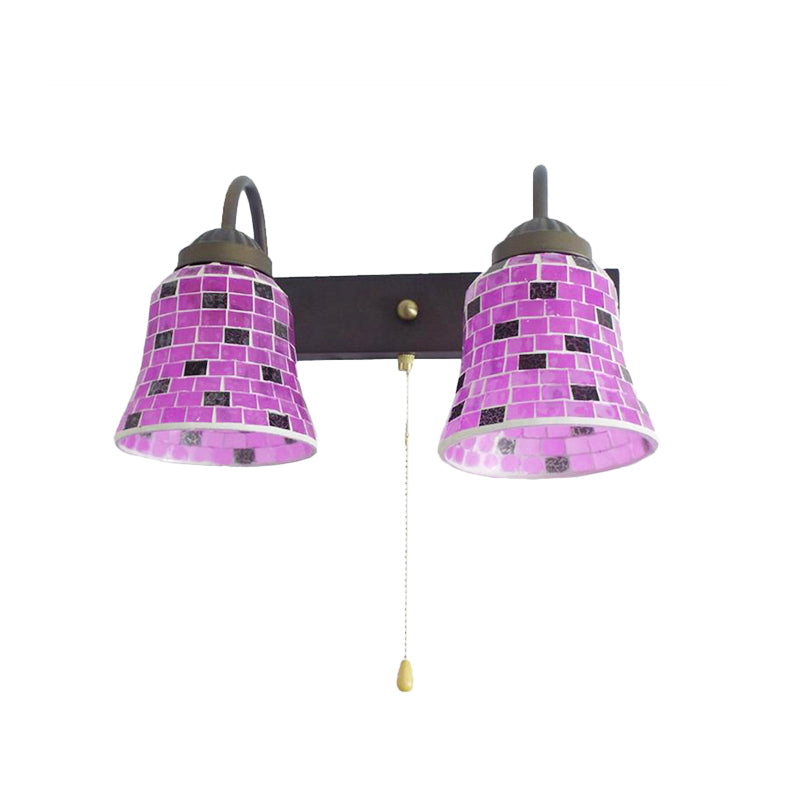 Stained Glass Bell Wall Mounted Light 2 Heads Yellow/Pink/Orange Sconce Light Fixture with Pull Chain Switch Clearhalo 'Industrial' 'Middle century wall lights' 'Tiffany wall lights' 'Tiffany' 'Wall Lamps & Sconces' 'Wall Lights' Lighting' 175222