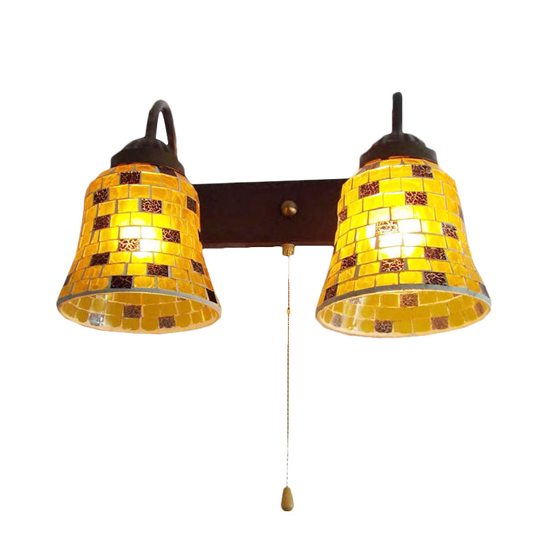 Stained Glass Bell Wall Mounted Light 2 Heads Yellow/Pink/Orange Sconce Light Fixture with Pull Chain Switch Clearhalo 'Industrial' 'Middle century wall lights' 'Tiffany wall lights' 'Tiffany' 'Wall Lamps & Sconces' 'Wall Lights' Lighting' 175224