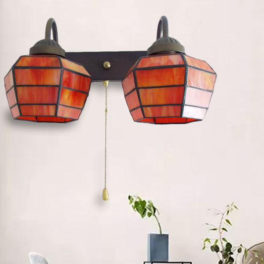 Lantern Wall Light Fixture Tiffany Stained Glass 2 Heads Orange Sconce Light with Pull Chain Orange Clearhalo 'Industrial' 'Middle century wall lights' 'Tiffany wall lights' 'Tiffany' 'Wall Lamps & Sconces' 'Wall Lights' Lighting' 175225