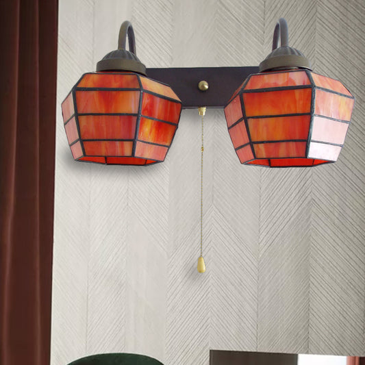 Lantern Wall Light Fixture Tiffany Stained Glass 2 Heads Orange Sconce Light with Pull Chain Clearhalo 'Industrial' 'Middle century wall lights' 'Tiffany wall lights' 'Tiffany' 'Wall Lamps & Sconces' 'Wall Lights' Lighting' 175226
