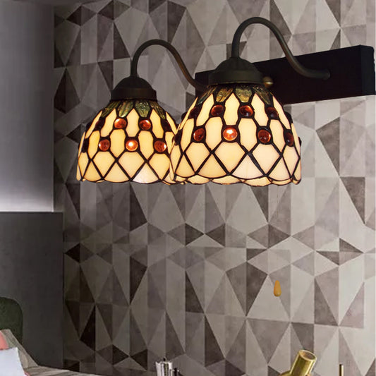 Beige Glass Black Wall Mounted Light Dome 2 Heads Tiffany Sconce Lighting with Pull Chain Clearhalo 'Industrial' 'Middle century wall lights' 'Tiffany wall lights' 'Tiffany' 'Wall Lamps & Sconces' 'Wall Lights' Lighting' 175230