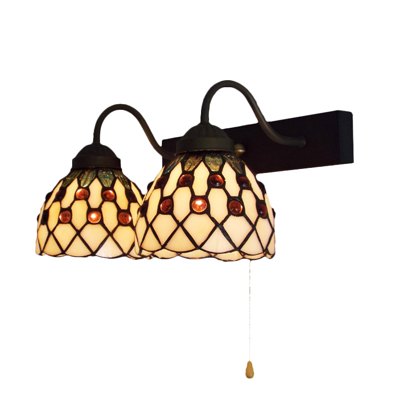 Beige Glass Black Wall Mounted Light Dome 2 Heads Tiffany Sconce Lighting with Pull Chain Clearhalo 'Industrial' 'Middle century wall lights' 'Tiffany wall lights' 'Tiffany' 'Wall Lamps & Sconces' 'Wall Lights' Lighting' 175231