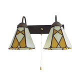 Conical Stained Glass Wall Light Fixture Tiffany 2 Heads Blue/Orange Sconce Lighting with Pull Chain Clearhalo 'Industrial' 'Middle century wall lights' 'Tiffany wall lights' 'Tiffany' 'Wall Lamps & Sconces' 'Wall Lights' Lighting' 175246
