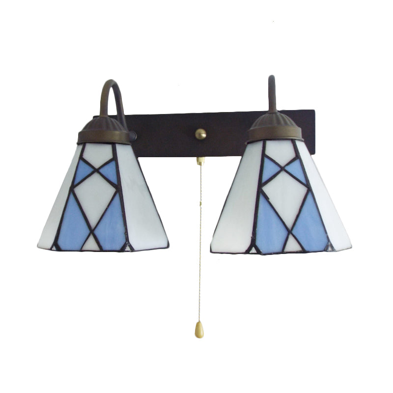Conical Stained Glass Wall Light Fixture Tiffany 2 Heads Blue/Orange Sconce Lighting with Pull Chain Clearhalo 'Industrial' 'Middle century wall lights' 'Tiffany wall lights' 'Tiffany' 'Wall Lamps & Sconces' 'Wall Lights' Lighting' 175249