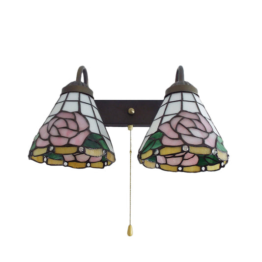 Rose Wall Mounted Light Victorian Stained Glass 2 Heads Pink Sconce Light Fixture with Pull Chain Switch Clearhalo 'Industrial' 'Middle century wall lights' 'Tiffany wall lights' 'Tiffany' 'Wall Lamps & Sconces' 'Wall Lights' Lighting' 175252