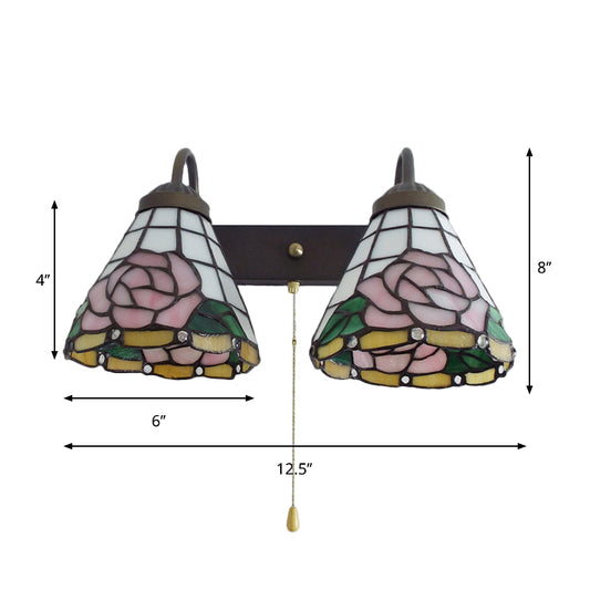 Rose Wall Mounted Light Victorian Stained Glass 2 Heads Pink Sconce Light Fixture with Pull Chain Switch Clearhalo 'Industrial' 'Middle century wall lights' 'Tiffany wall lights' 'Tiffany' 'Wall Lamps & Sconces' 'Wall Lights' Lighting' 175253