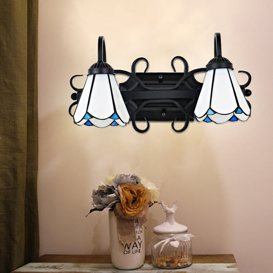White Glass Conical Wall Lamp Vintage Style 2 Lights Bedroom Wall Lighting in Black for Foyer Clearhalo 'Industrial' 'Middle century wall lights' 'Tiffany wall lights' 'Tiffany' 'Wall Lamps & Sconces' 'Wall Lights' Lighting' 175294