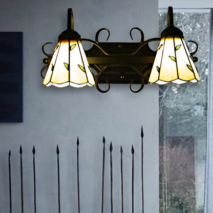 2 Lights Cone Wall Mount Light Stained Glass Lodge Style Bathroom Vanity Light in Beige Beige Clearhalo 'Industrial' 'Middle century wall lights' 'Tiffany wall lights' 'Tiffany' 'Wall Lamps & Sconces' 'Wall Lights' Lighting' 175306
