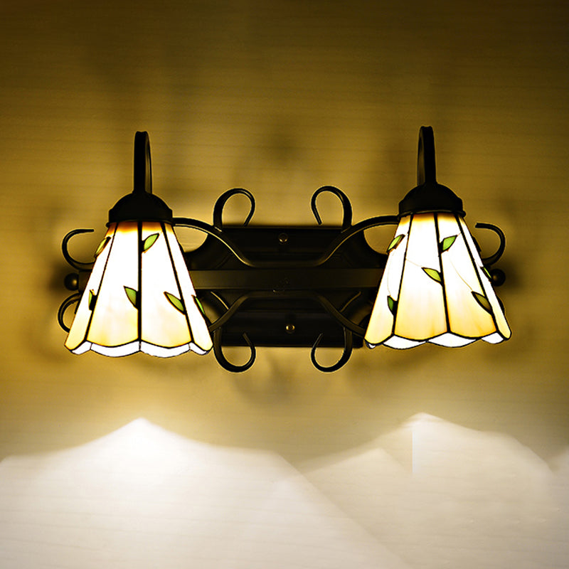 2 Lights Cone Wall Mount Light Stained Glass Lodge Style Bathroom Vanity Light in Beige Clearhalo 'Industrial' 'Middle century wall lights' 'Tiffany wall lights' 'Tiffany' 'Wall Lamps & Sconces' 'Wall Lights' Lighting' 175307