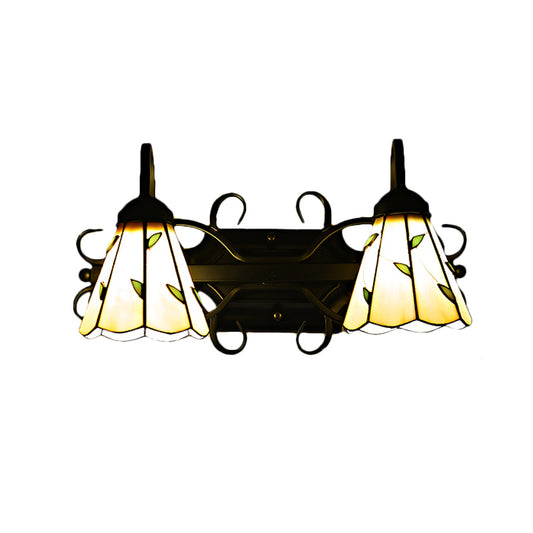 2 Lights Cone Wall Mount Light Stained Glass Lodge Style Bathroom Vanity Light in Beige Clearhalo 'Industrial' 'Middle century wall lights' 'Tiffany wall lights' 'Tiffany' 'Wall Lamps & Sconces' 'Wall Lights' Lighting' 175308