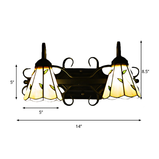 2 Lights Cone Wall Mount Light Stained Glass Lodge Style Bathroom Vanity Light in Beige Clearhalo 'Industrial' 'Middle century wall lights' 'Tiffany wall lights' 'Tiffany' 'Wall Lamps & Sconces' 'Wall Lights' Lighting' 175309