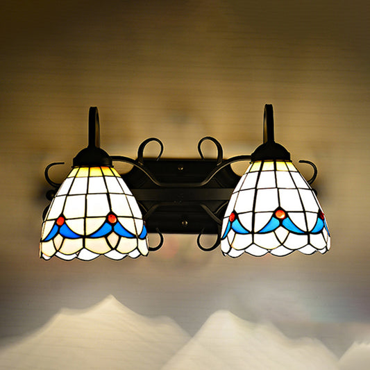 Stained Glass Magnolia Wall Lighting Rustic Retro Style 2 Lights Sconce Lamp in Black for Barhroom Beige Clearhalo 'Industrial' 'Middle century wall lights' 'Tiffany wall lights' 'Tiffany' 'Wall Lamps & Sconces' 'Wall Lights' Lighting' 175310
